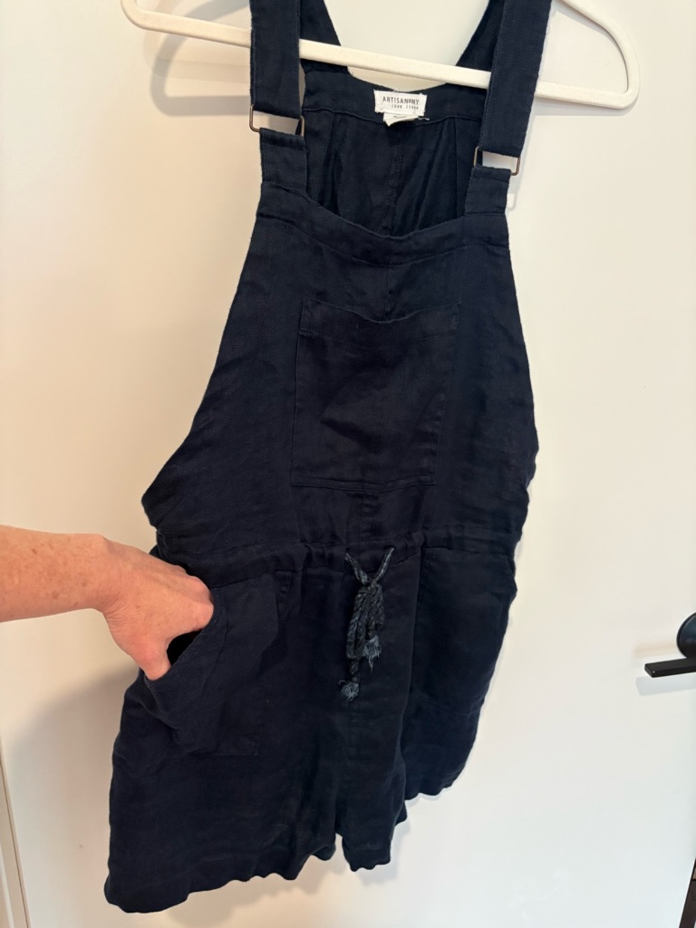 Linen Overall Romper One Piece Adjustable Navy Blue Front Pocket Drawstring M - Picture 5 of 10